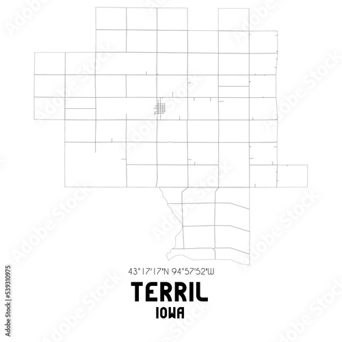 Terril Iowa. US street map with black and white lines.