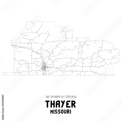 Thayer Missouri. US street map with black and white lines.
