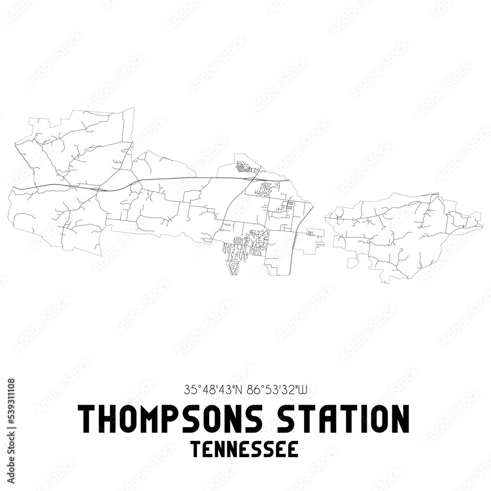 Thompsons Station Tennessee. US street map with black and white lines. Thompsons Station Tennessee. US street map with black and white lines.