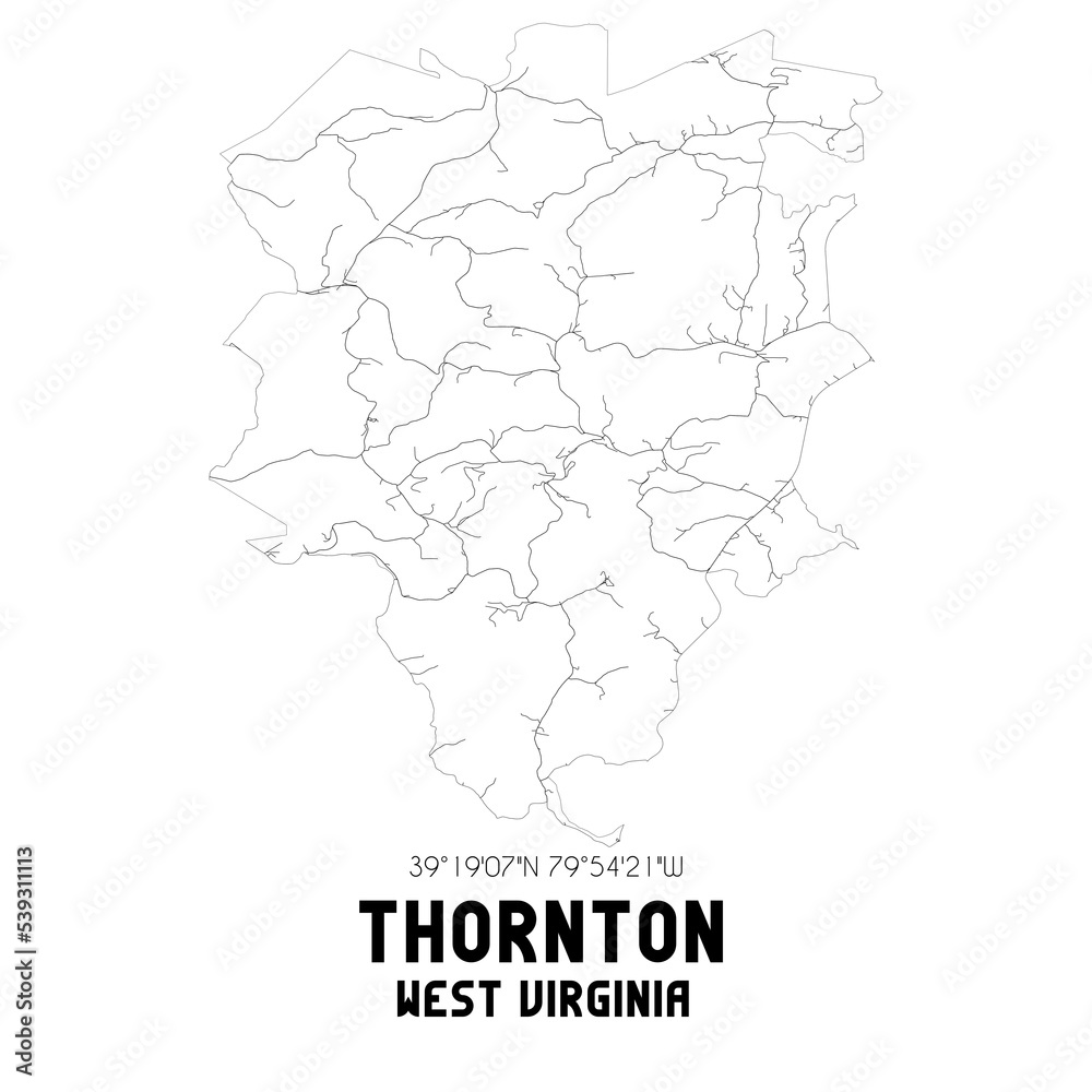 Thornton West Virginia. US street map with black and white lines.