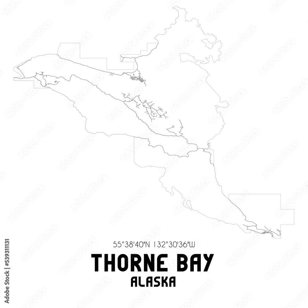 Thorne Bay Alaska. US street map with black and white lines.