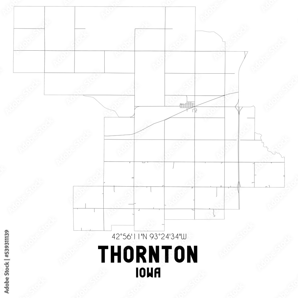 Thornton Iowa. US street map with black and white lines.