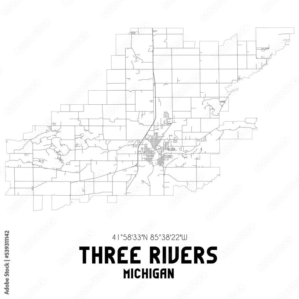 Three Rivers Michigan. US street map with black and white lines.