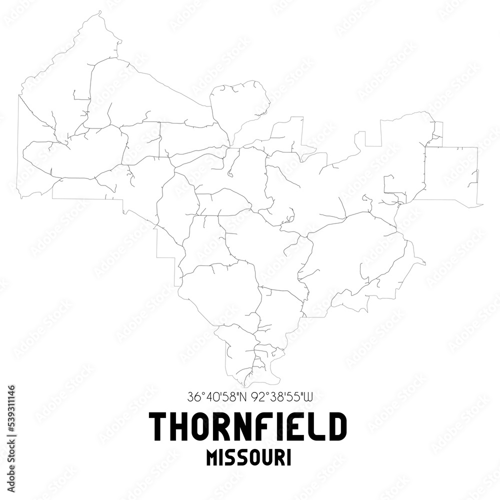 Thornfield Missouri. US street map with black and white lines.