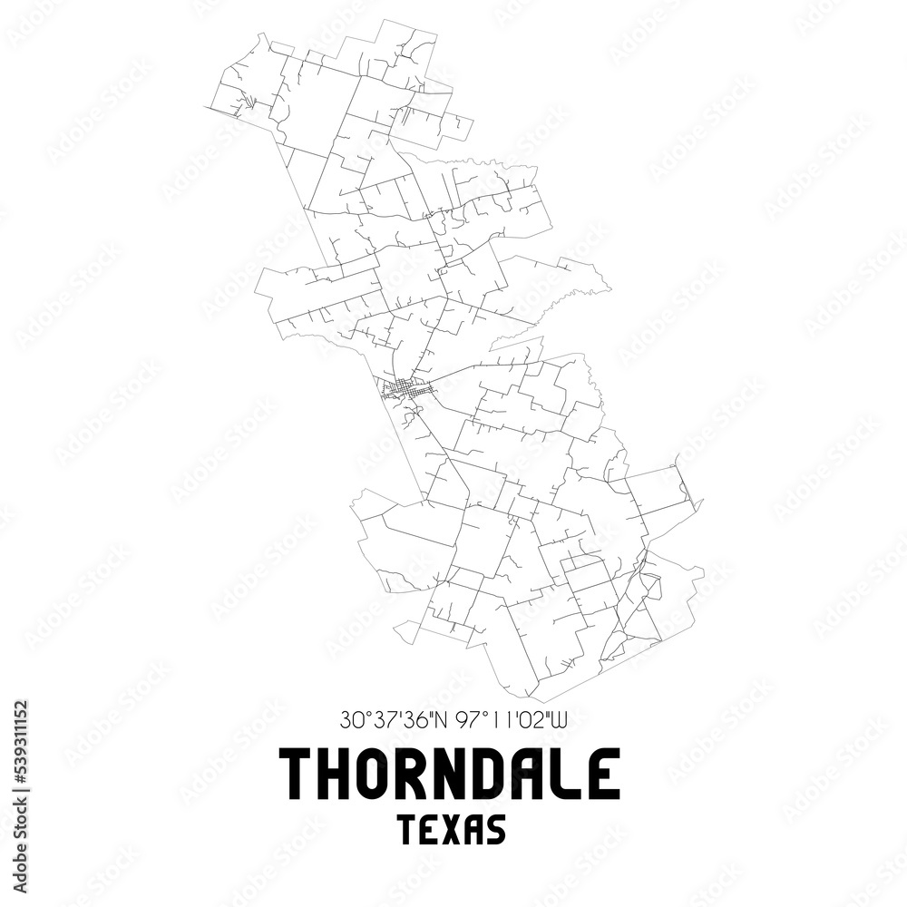 Thorndale Texas. US street map with black and white lines.