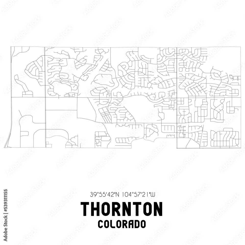 Thornton Colorado. US street map with black and white lines.