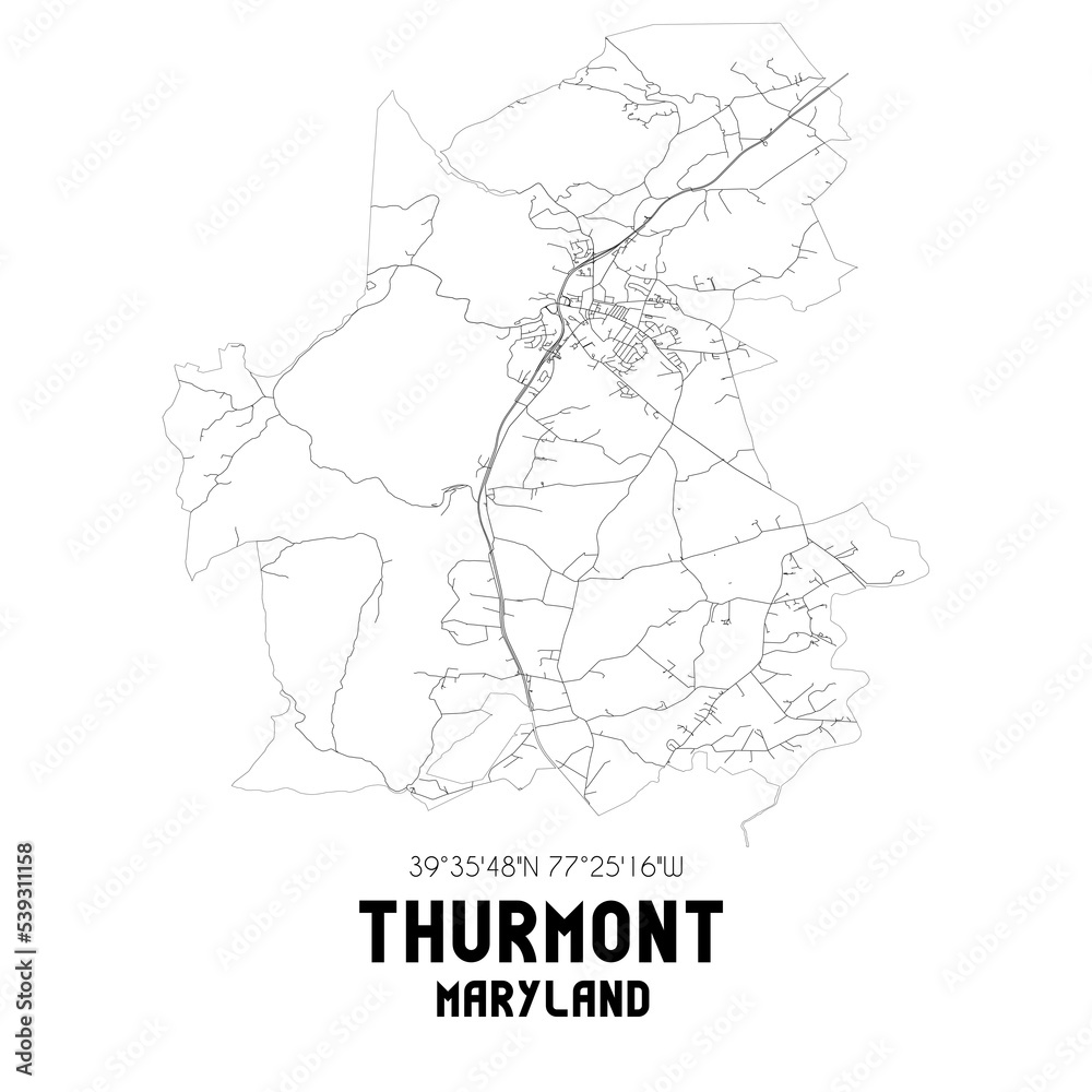 Thurmont Maryland. US street map with black and white lines.
