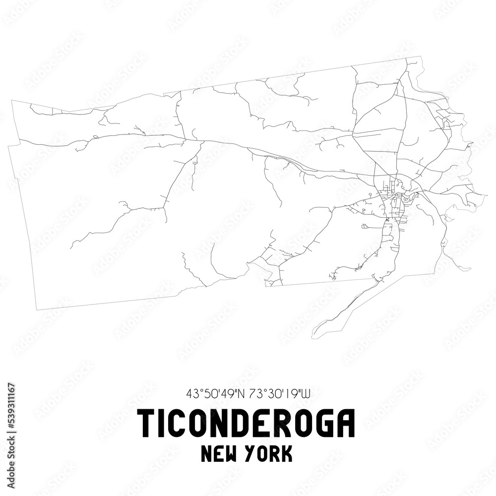 Ticonderoga New York. US street map with black and white lines. Stock