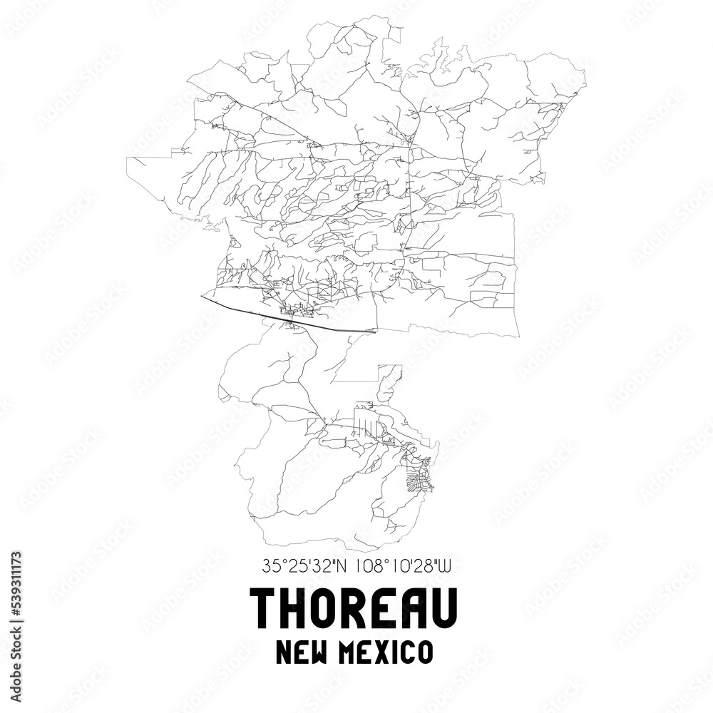 Thoreau New Mexico. US street map with black and white lines.