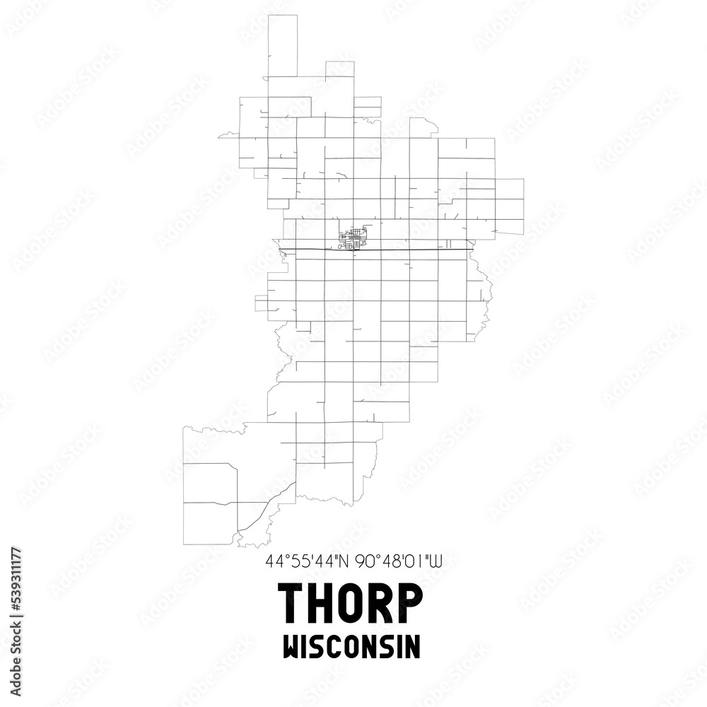 Thorp Wisconsin. US street map with black and white lines.