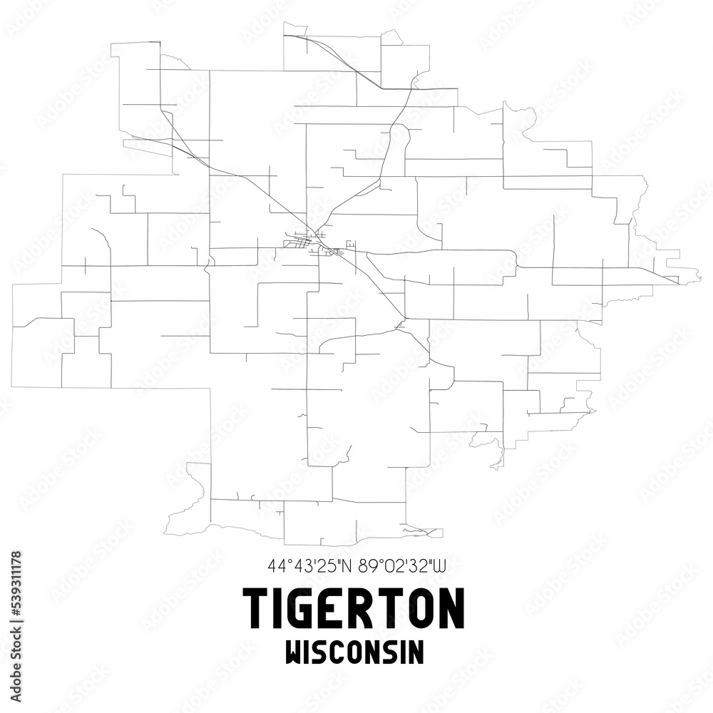 Tigerton Wisconsin. US street map with black and white lines.