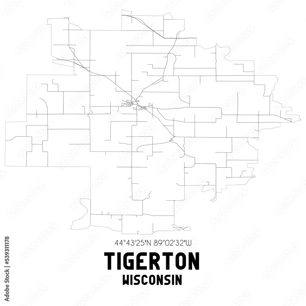 Tigerton Wisconsin. US street map with black and white lines. Tigerton Wisconsin. US street map with black and white lines.