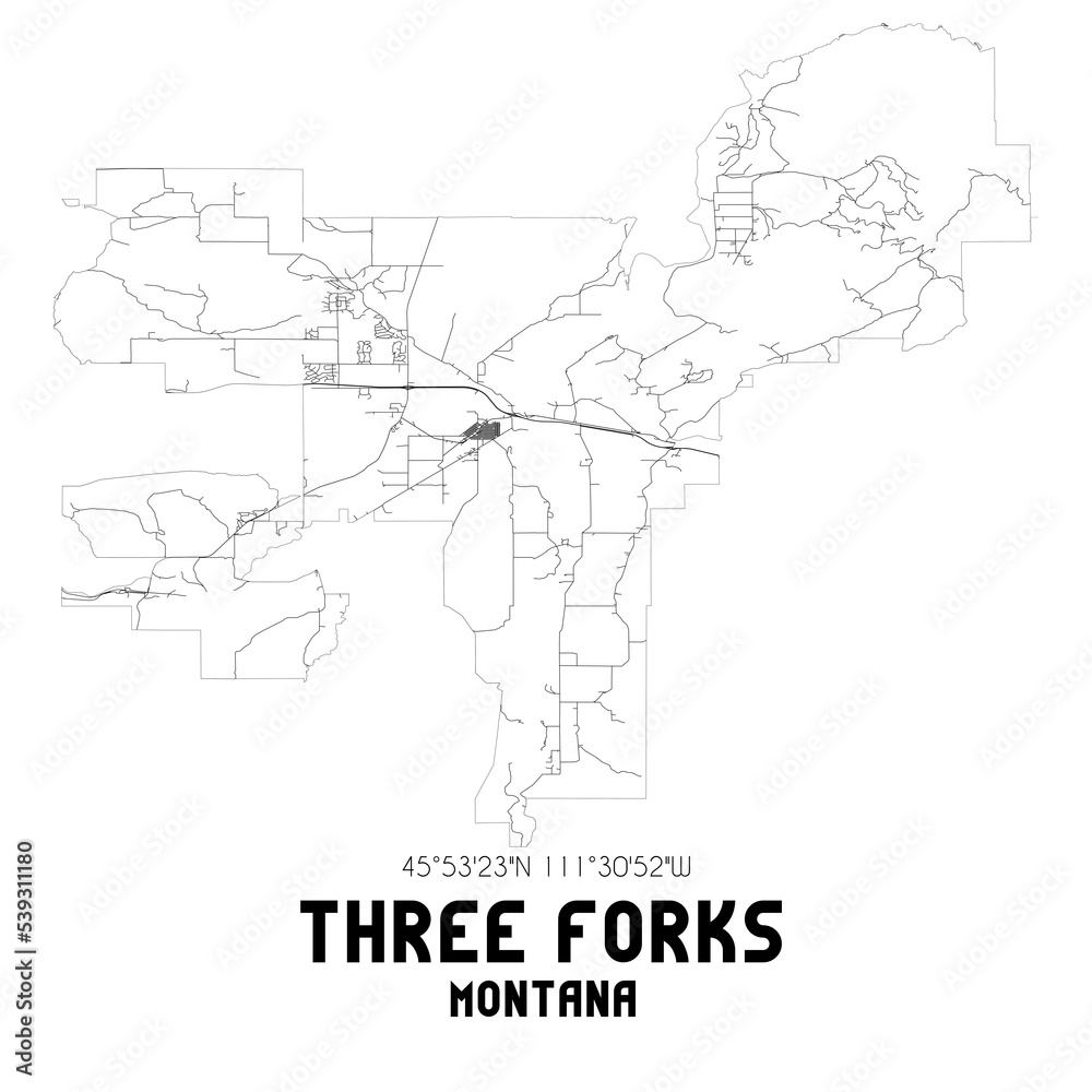 Three Forks Montana. US street map with black and white lines.