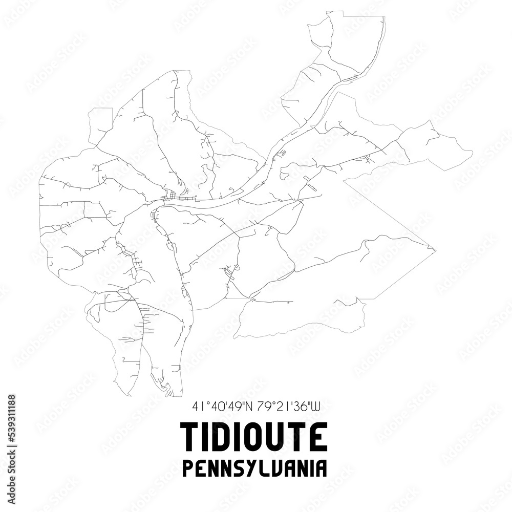 Tidioute Pennsylvania. US street map with black and white lines.