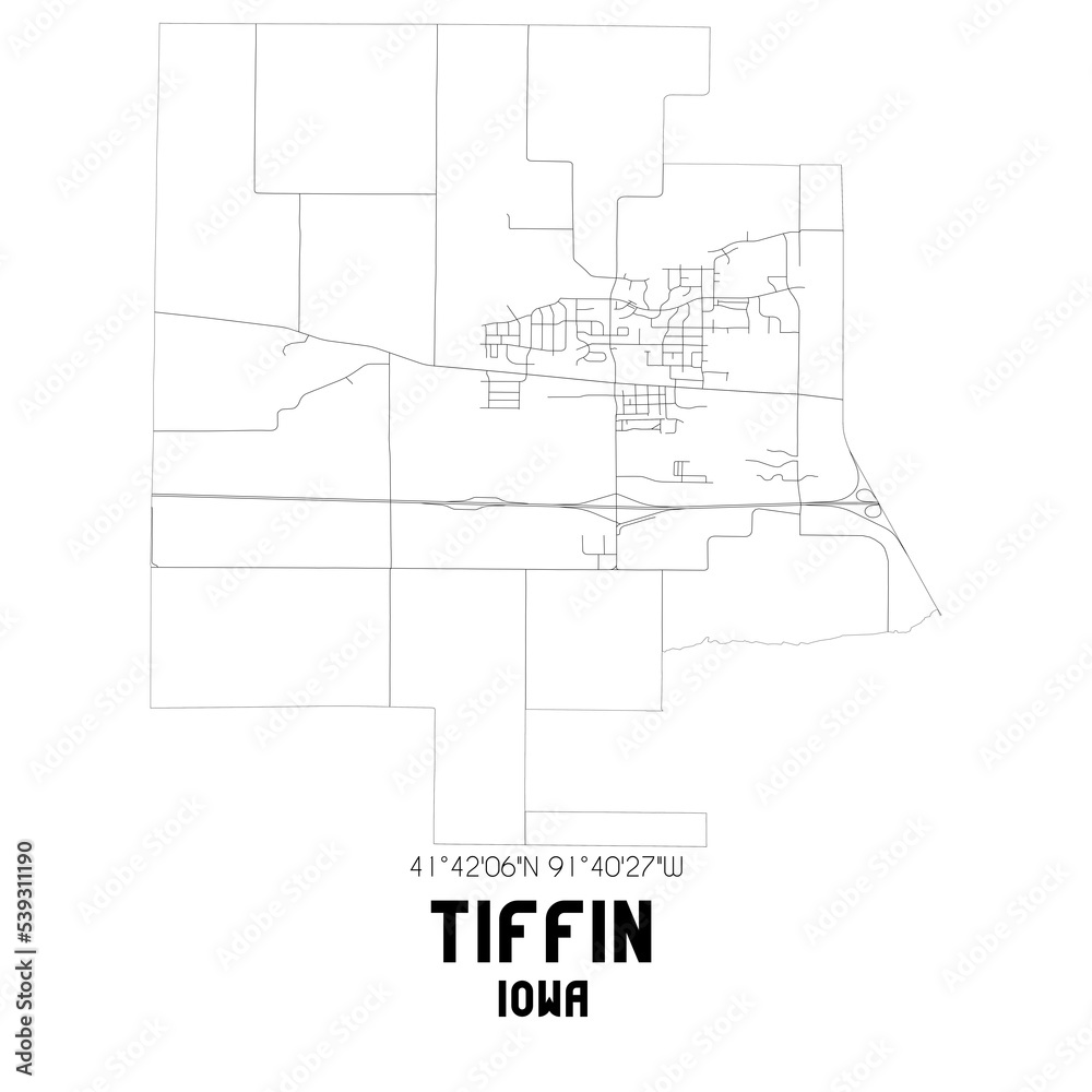 Tiffin Iowa. US street map with black and white lines.