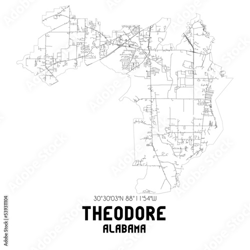 Theodore Alabama. US street map with black and white lines.