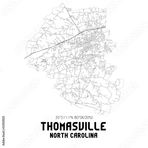 Thomasville North Carolina. US street map with black and white lines.