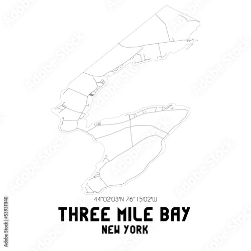 Three Mile Bay New York. US street map with black and white lines.