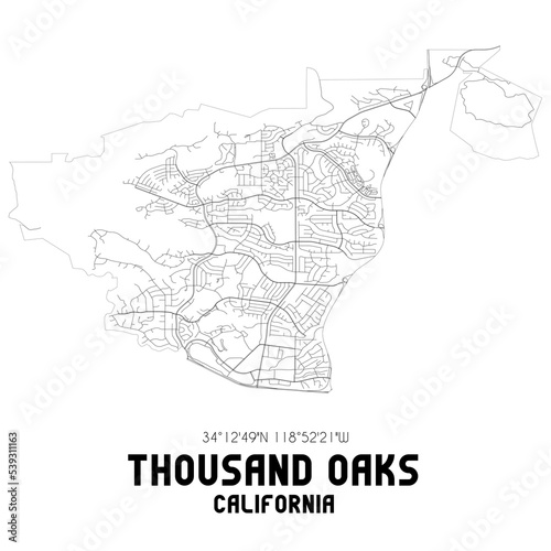 Thousand Oaks California. US street map with black and white lines.