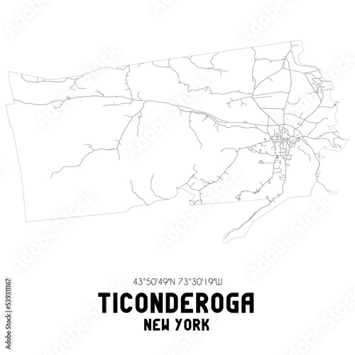 Ticonderoga New York. US street map with black and white lines.