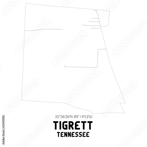 Tigrett Tennessee. US street map with black and white lines.
