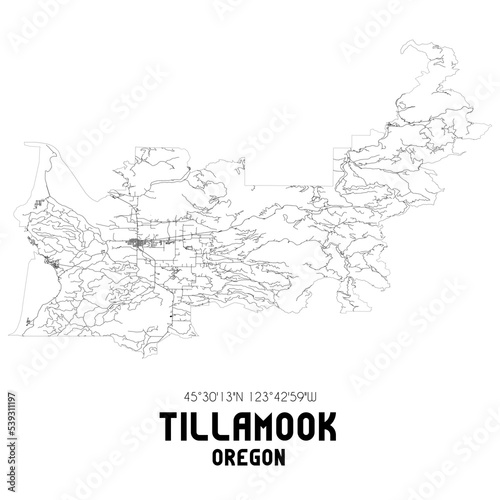 Tillamook Oregon. US street map with black and white lines.