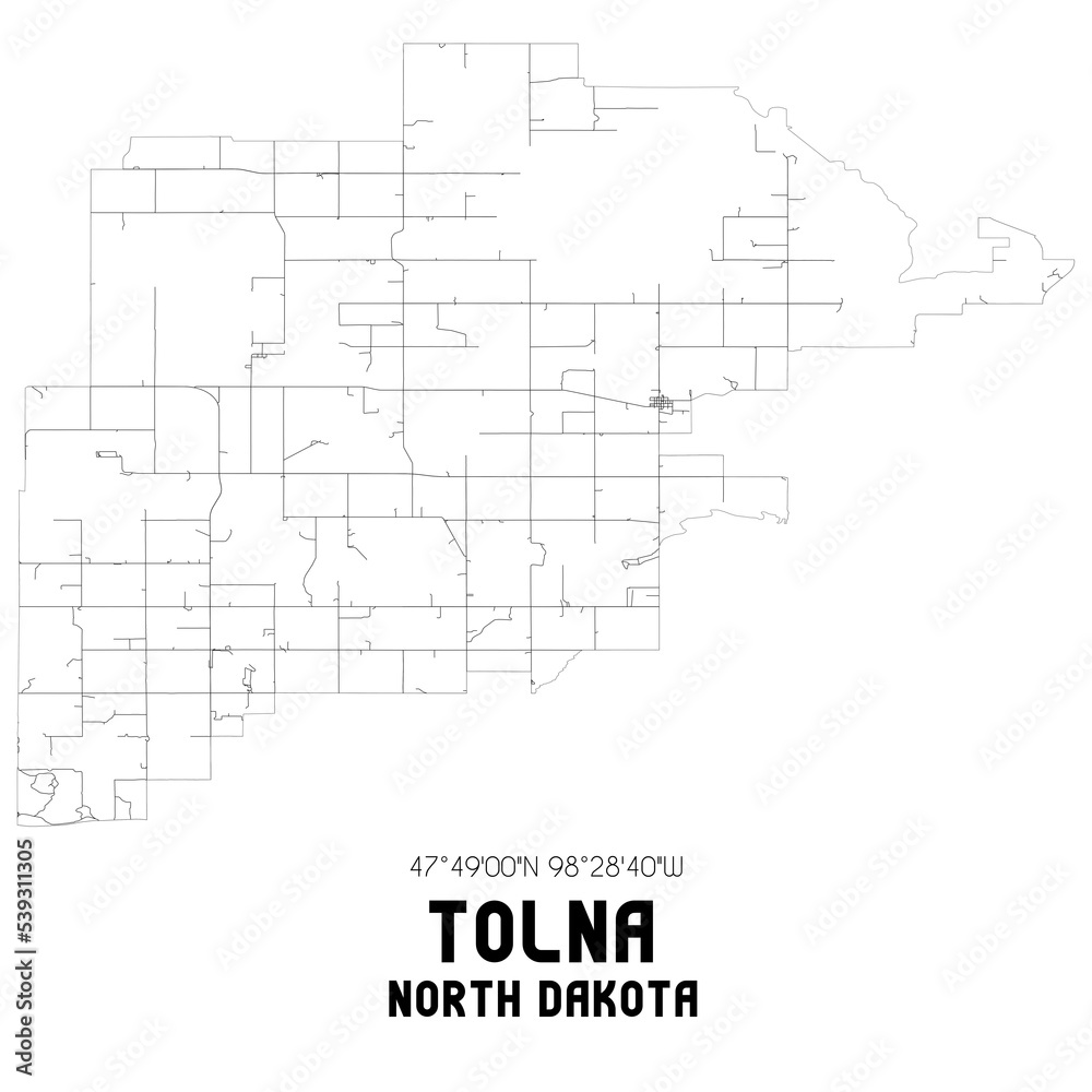 Tolna North Dakota. US street map with black and white lines.