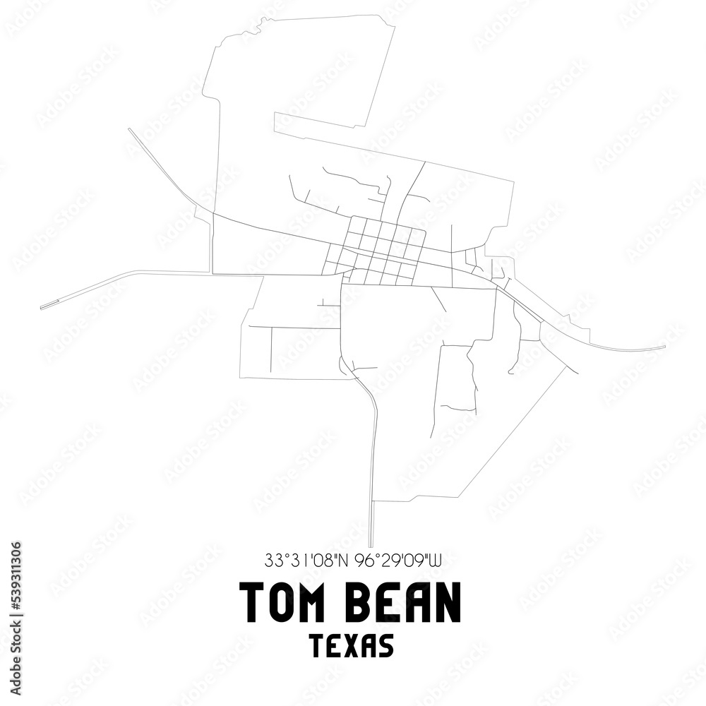 Tom Bean Texas. US street map with black and white lines.