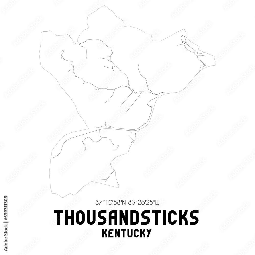 Thousandsticks Kentucky. US street map with black and white lines.