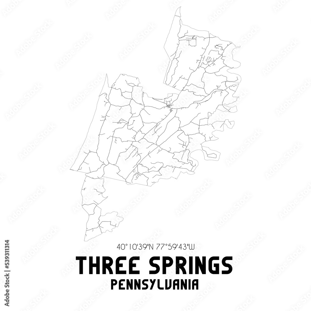 Three Springs Pennsylvania. US street map with black and white lines.