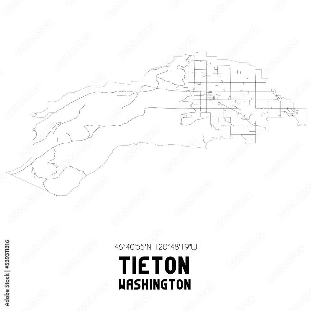 Tieton Washington. US street map with black and white lines.
