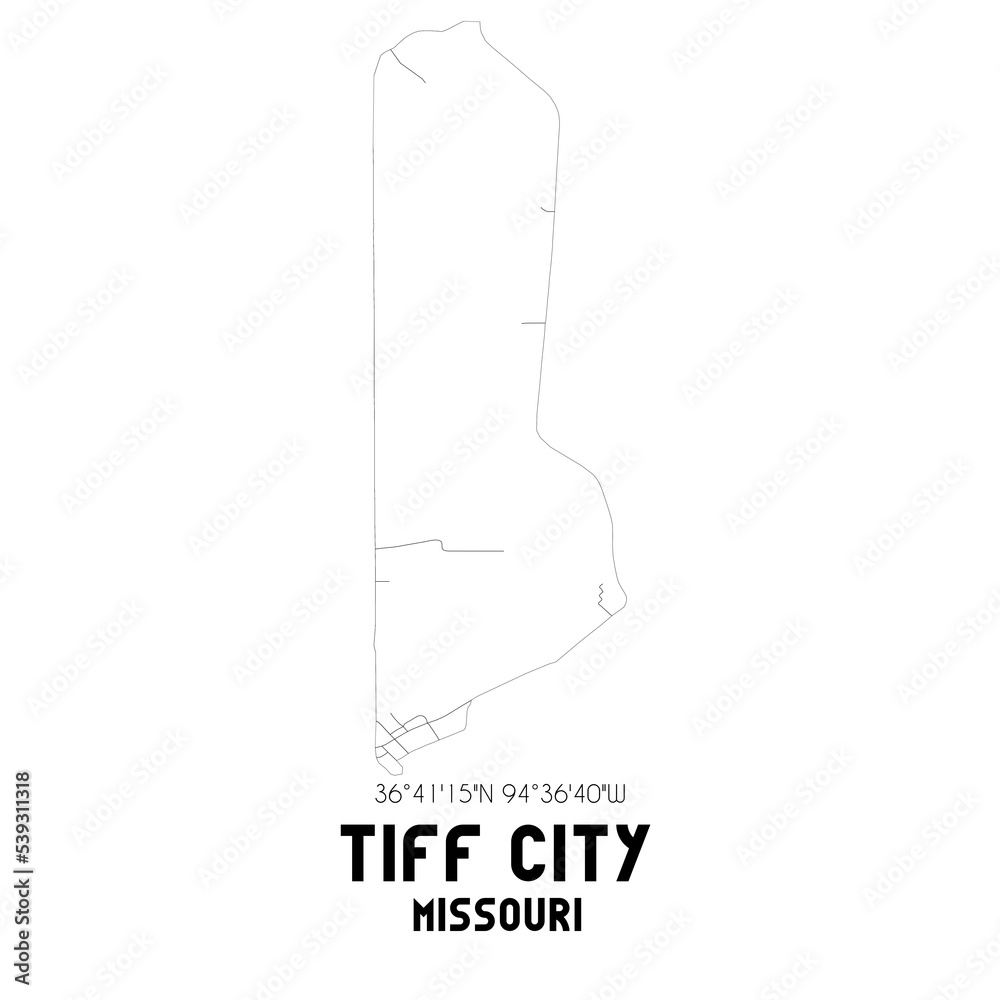 Tiff City Missouri. US street map with black and white lines.