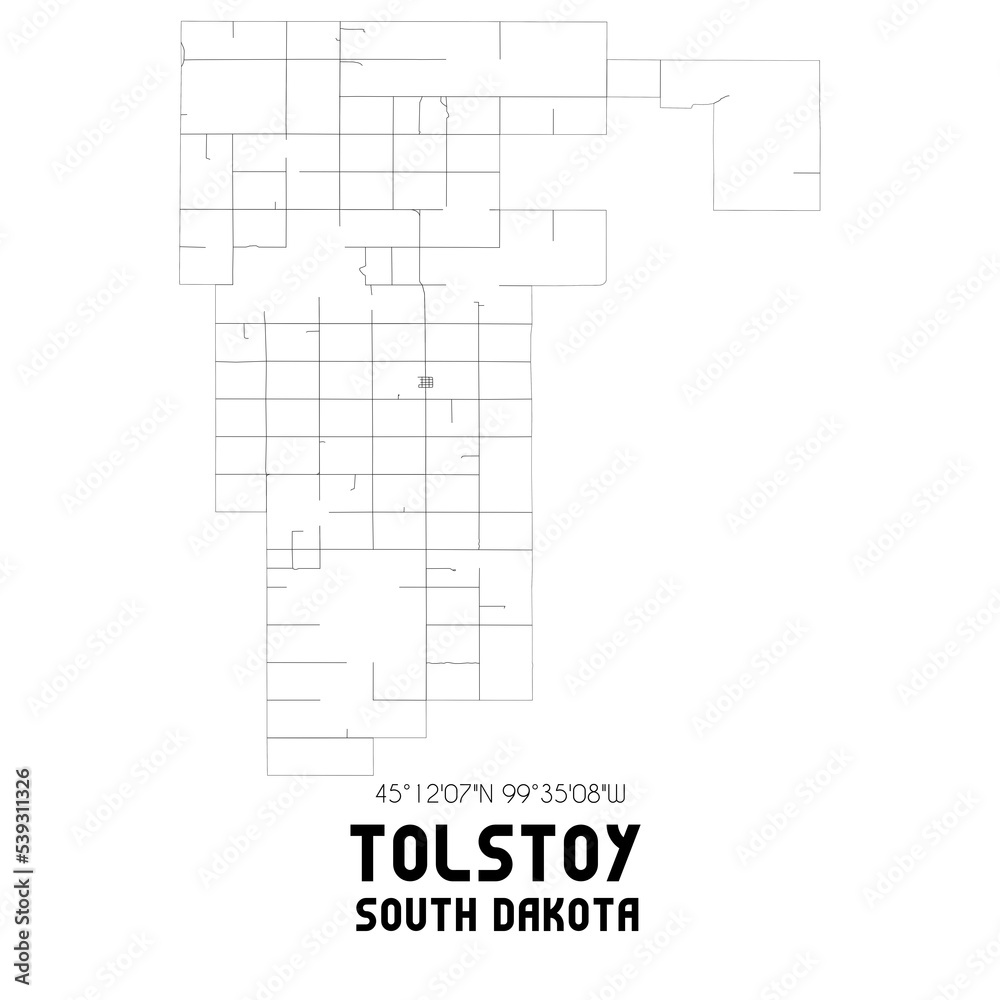 Tolstoy South Dakota. US street map with black and white lines.