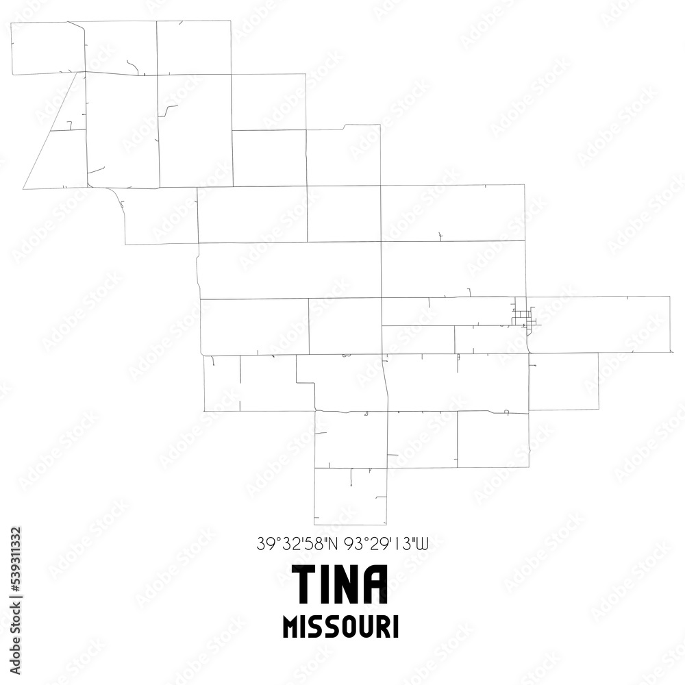 Tina Missouri. US street map with black and white lines.