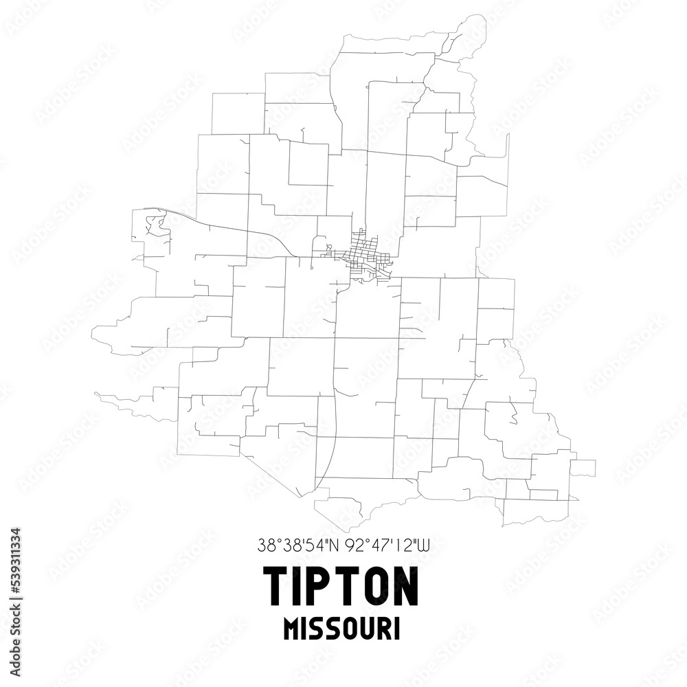 Tipton Missouri. US street map with black and white lines.