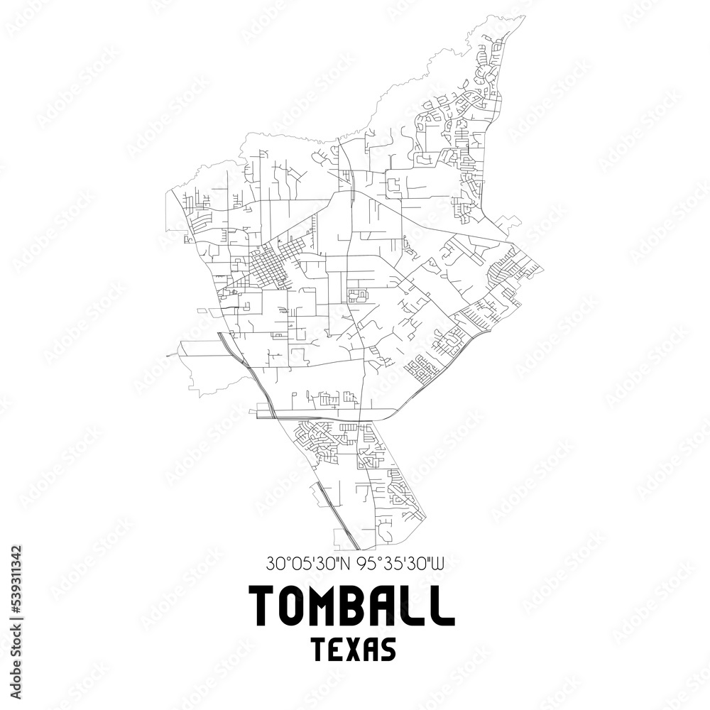 Tomball Texas. US street map with black and white lines.