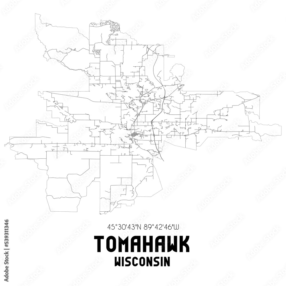 Tomahawk Wisconsin. US street map with black and white lines.