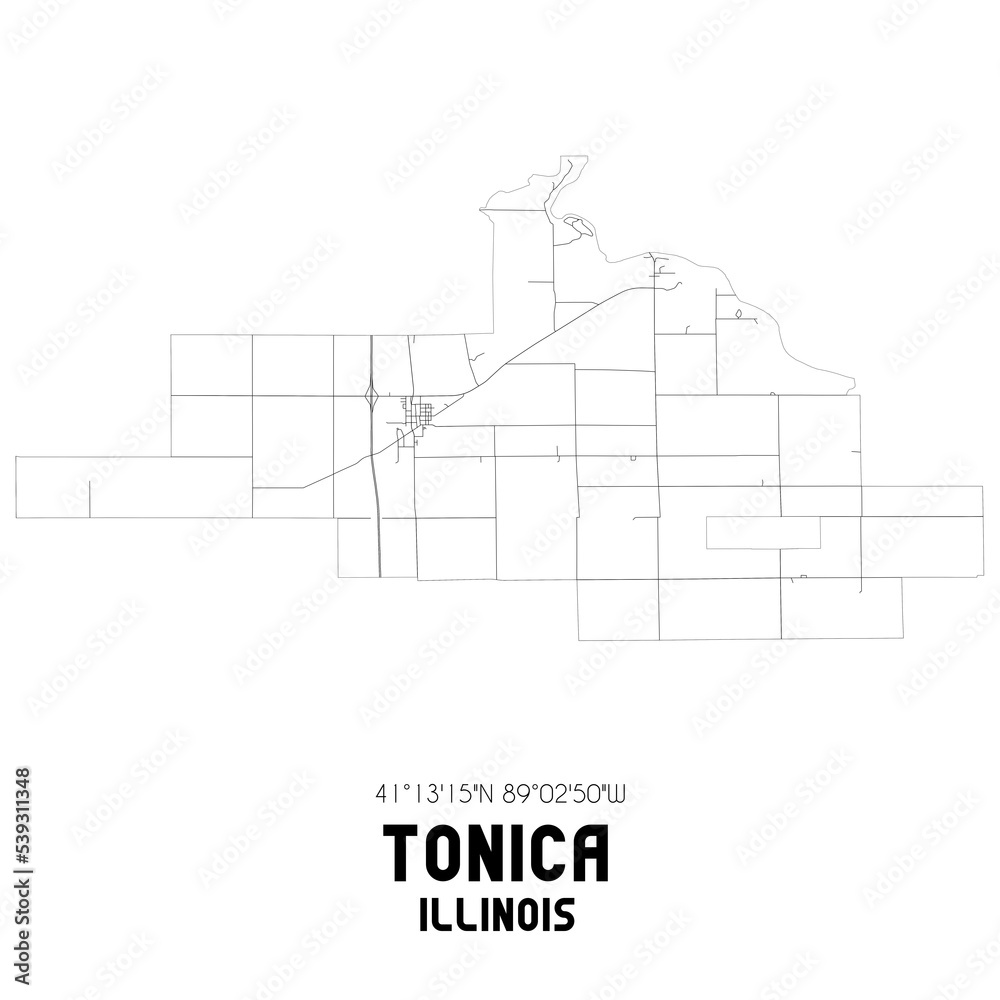 Tonica Illinois. US street map with black and white lines.