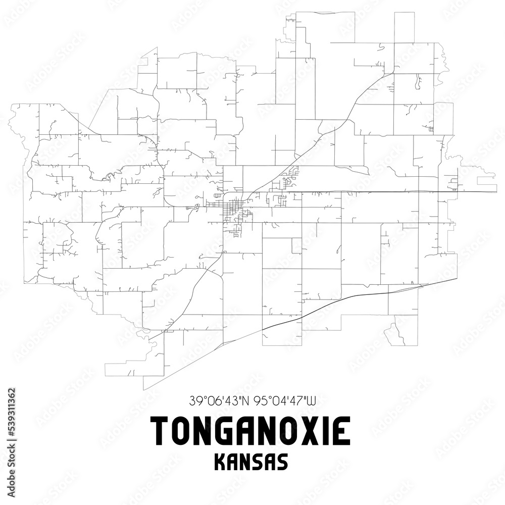 Tonganoxie Kansas. US street map with black and white lines.