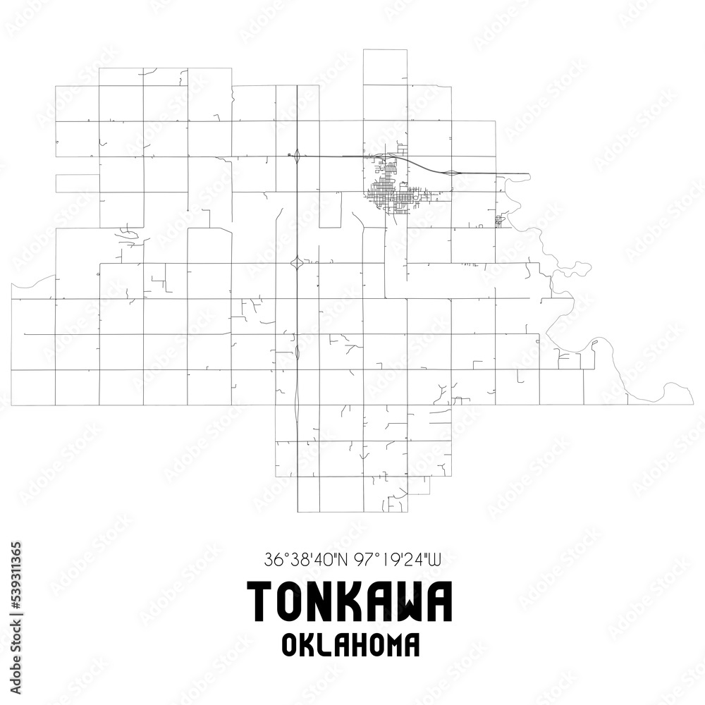 Tonkawa Oklahoma. US street map with black and white lines.