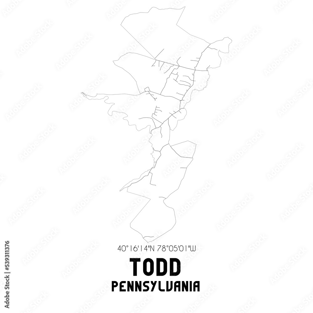 Todd Pennsylvania. US street map with black and white lines.