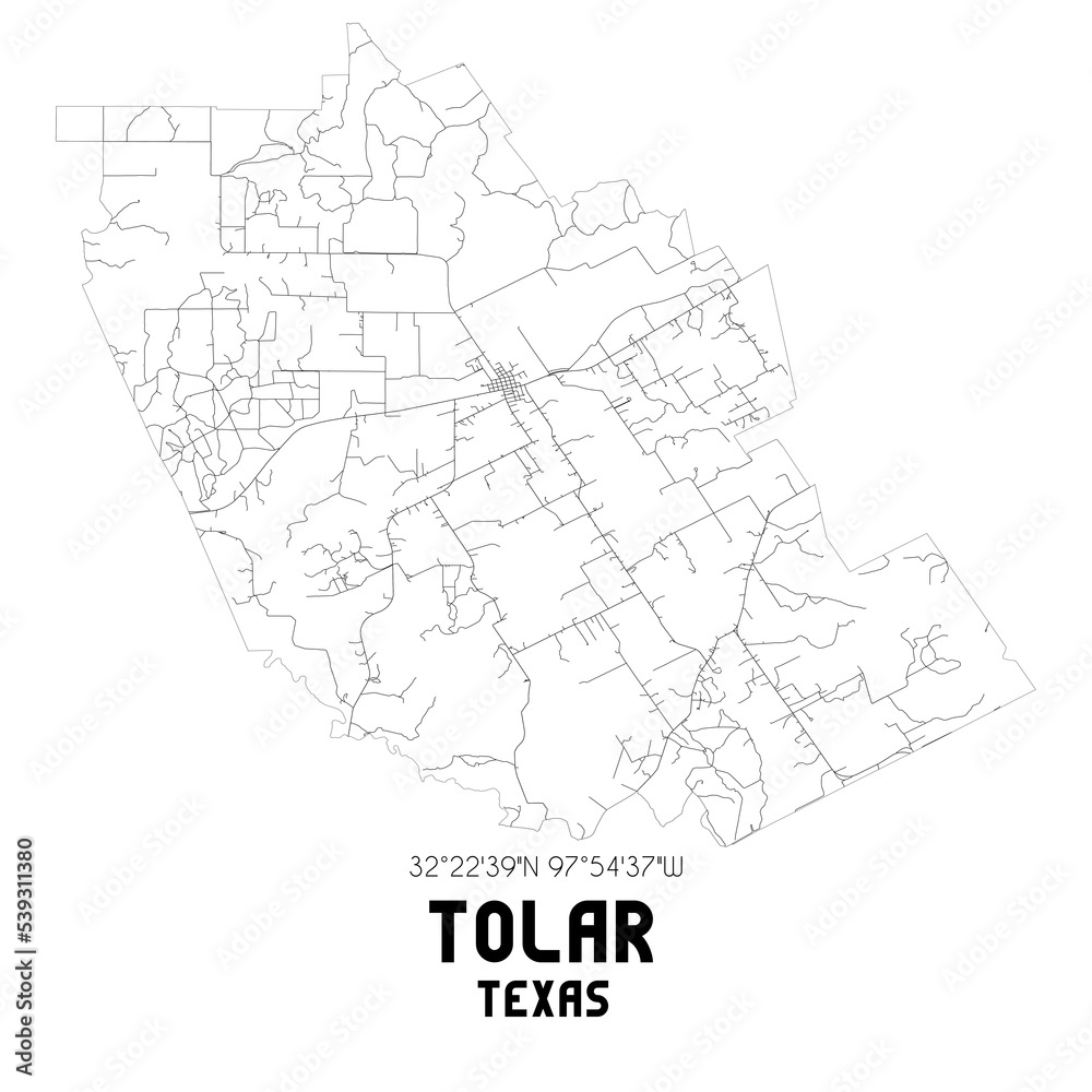 Tolar Texas. US street map with black and white lines.
