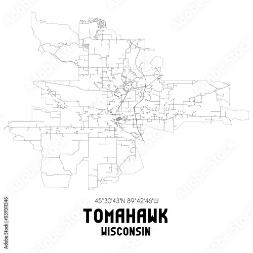 Tomahawk Wisconsin. US street map with black and white lines.