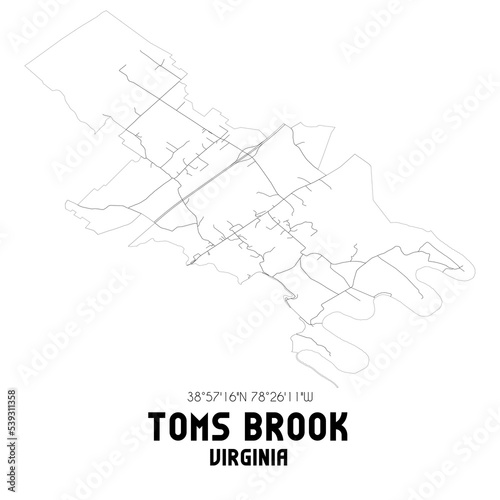 Toms Brook Virginia. US street map with black and white lines.