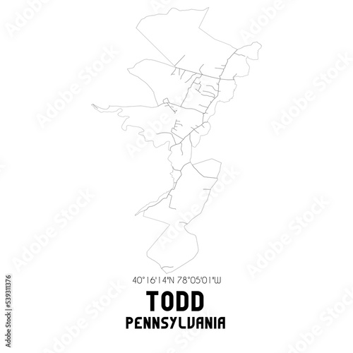 Todd Pennsylvania. US street map with black and white lines.
