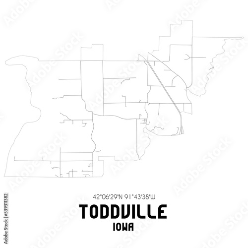 Toddville Iowa. US street map with black and white lines.