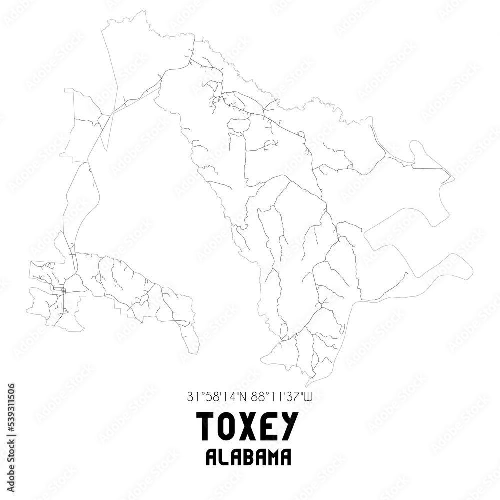 Toxey Alabama. US street map with black and white lines.