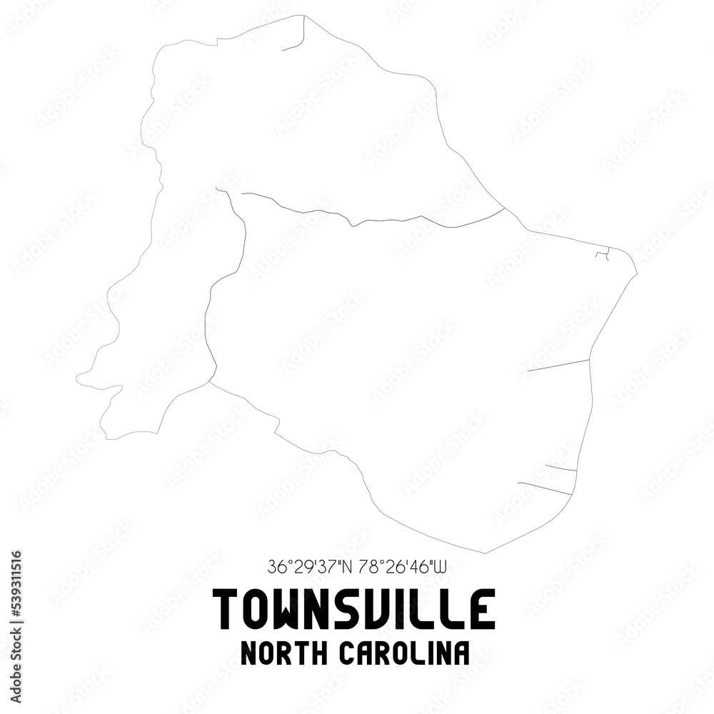 Townsville North Carolina. US street map with black and white lines.
