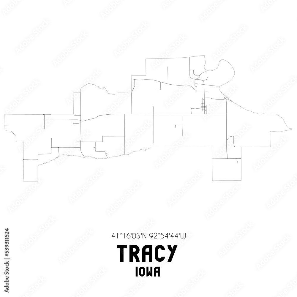 Tracy Iowa. US street map with black and white lines.