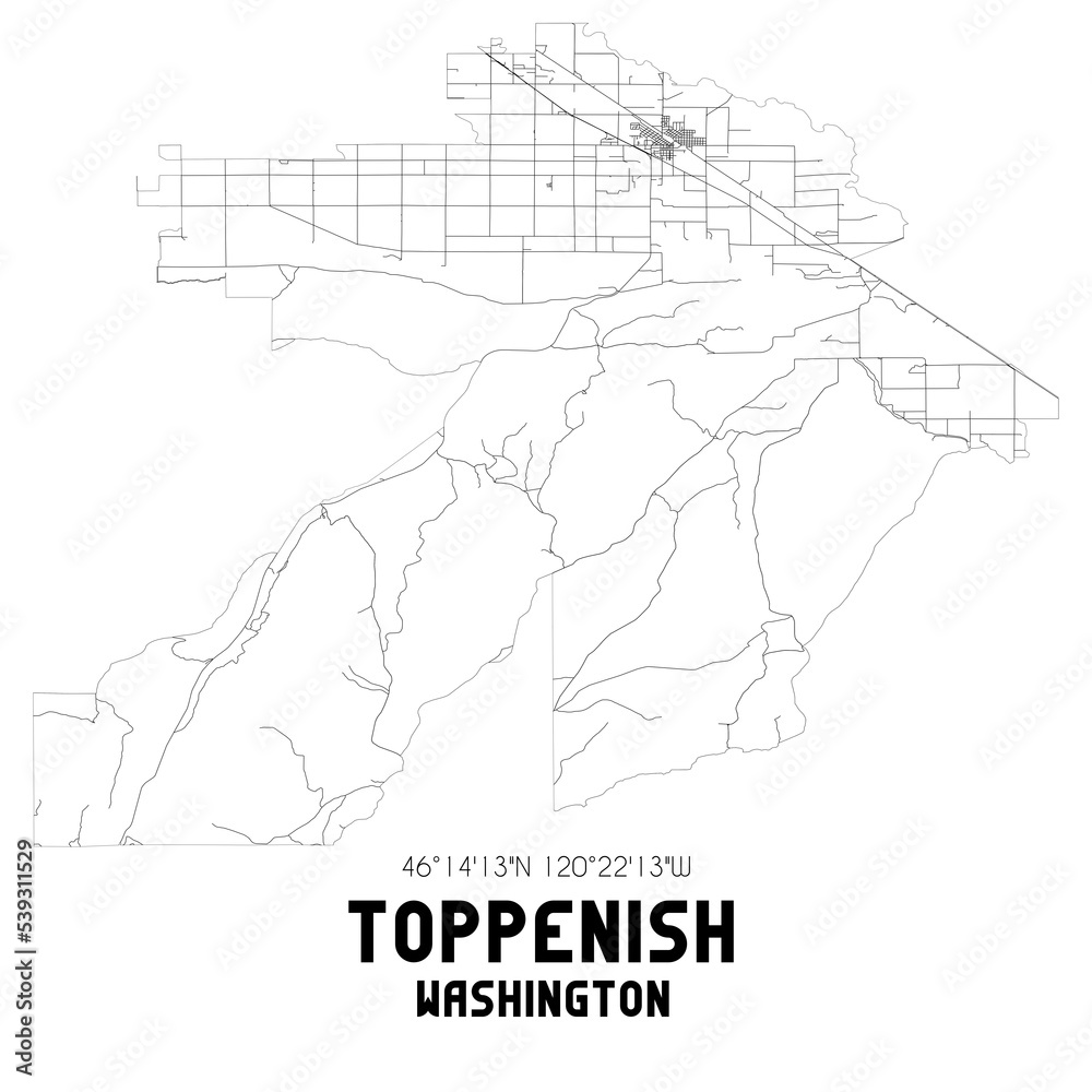 Toppenish Washington. US street map with black and white lines.